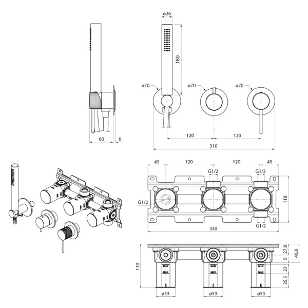 SAPHO - ULTRASAN podomítková sprchová/vanová baterie s ruční sprchou, 2 výstupy, chrom UT045V