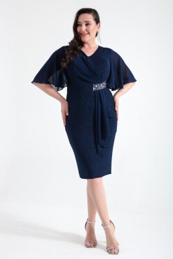 Lafaba Women's Navy Blue V-Neck Short Sleeve Plus Size Midi Evening Dress