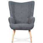 Křeslo "ušák" s podnožkou, potah šedá látka, dřevěné nohy, masiv kaučukovník