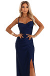 647-2 Přiléhavé dlouhé maxi šaty s obálkovým výstřihem a rozparkem - tmavě modré UNI