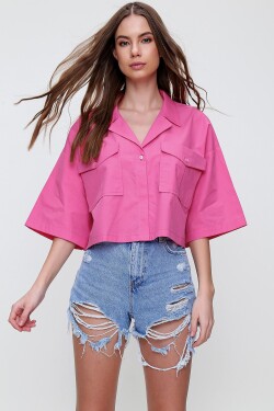 Trend Alaçatı Stili Women's Fuchsia Envelope Pocket Crop Poplin Shirt