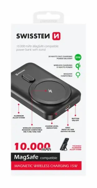 SWISSTEN 22013974 POWER BANK 10000 mAh černá / Power Bank / 20W / USB-C / Qi (22013974)