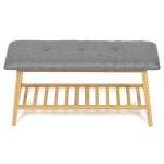 Botník / taburet, police, masiv bambus, přírodní odstín, šedá látka