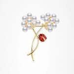 Luxusní květinová brož s beruškou - bílé perly, zirkony, Zlatá Bílá
