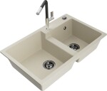 MEXEN/S - Tomas granitový dřez 2-bowl včetně baterie Flora, béžová 6516-69-670401-07-B