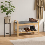 Botník / taburet, police, masiv bambus, přírodní odstín, šedá látka