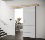 Posuvné dveře Salwador IV Dveře: Bíle mat, Pásky / úchyty: Černá, Horní pojezdová lišta: Dub artisan