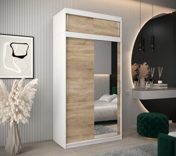 Šatní skříň Abi T2 s nástavcem Barva korpusu: Bílá, Rozměry: 120 cm, Dveře: Dub sonoma