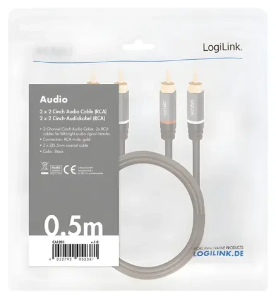 LogiLink 2x RCA (M) - 2x RCA (M) 0,5m černá / Audio kabel / pozlacené konektory / stíněný (CA1201)