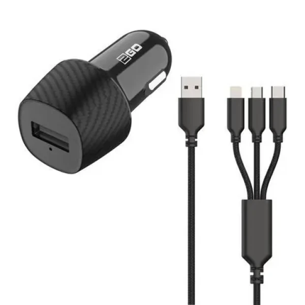 2GO 3in1 černá / Autonabíječka / 15W / Micro-USB Lightning USB-C (797258)