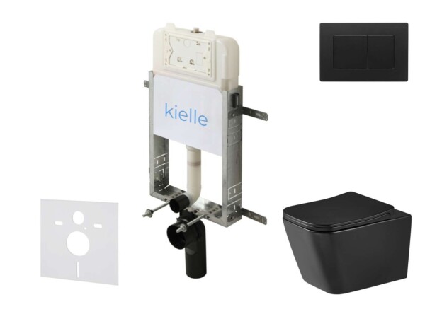 Kielle - Genesis New Set předstěnové instalace, klozetu Arkas I, Vortex Rimless+, sedátka softclose a tlačítka Gemini New III, matná černá 30528SZ96