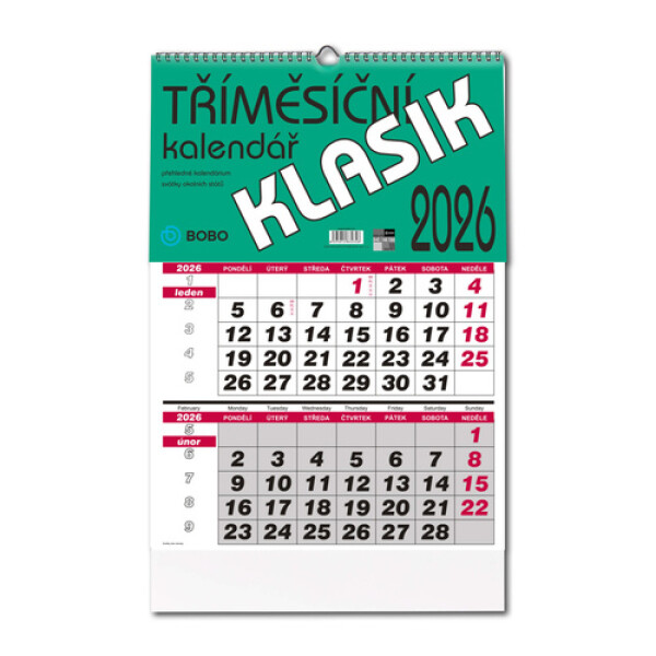 Nástěnný kalendář 2026 tříměsíční KLASIK