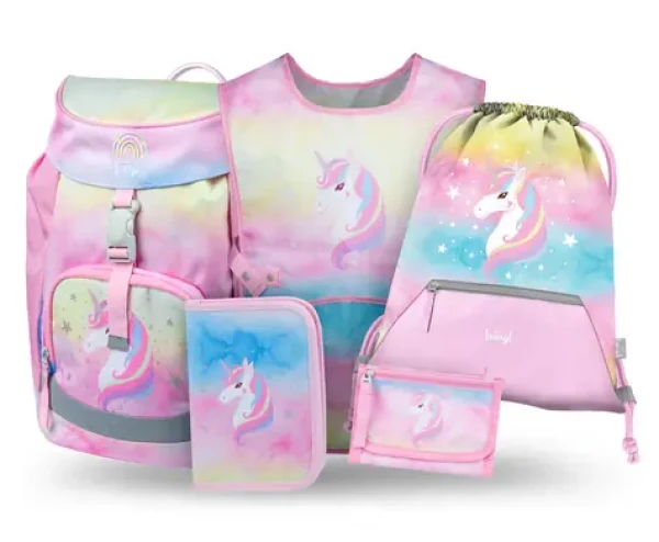 BAAGL SET 5 Airy Rainbow Unicorn / Školní set / batoh / penál / sáček / zástěra / peněženka