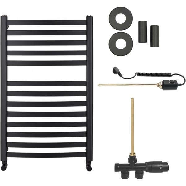 CERANO Koupelnový radiátorový set Paolo - kombinované vytápění, termo tyč - boční jednobodové připojení - 300W - černá matná - 850x550 mm