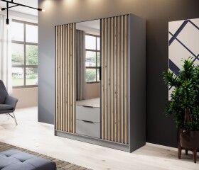 FRONTI Šatní skříň NELLY 3D zrcadlo šedá + dub artisan 13197