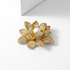 Brož s perlou a zirkony Lotus - lotosový květ, Zlatá
