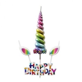 Dortisimo Svíčka Happy Birthday s jednorožčím rohem a ušima