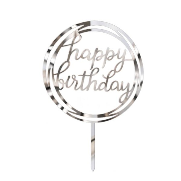 Dortisimo Zápich do dortu Happy Birthday v kruhu stříbrný (1 ks)