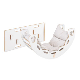 PLUSH NEST PLUSH NEST Dřevěné houpátko Mini 4v1 s lezeckou stěnou, skluzavkou a polštářem (světle béžové / bílé)