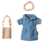 Maileg Šaty s kabelkou a čelenkou pro myšky Maileg Mum Mouse, modrá barva, textil