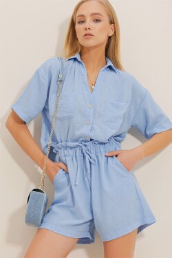 Trend Alaçatı Stili Women's Blue Double Pocket Cotton Aerobin Linen Shirt And Shorts Double Suit