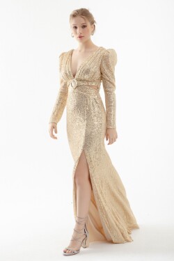 Lafaba Women's Gold V-Neck Decollete Waist Sequined Long Evening Dress