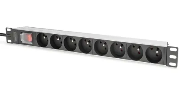DIGITUS PDU 1U 8x CEE 7/5 černá / Zásuvková lišta / 230V/16A / kabel 2 m / hliníkové tělo / vypínač (DN-95402-1-FR)
