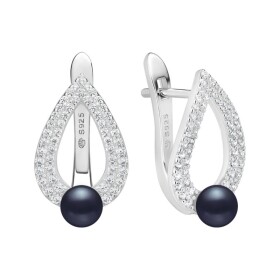 Stříbrné náušnice s černou perlou a zirkony Graciela - stříbro 925/1000, Stříbrná Černá