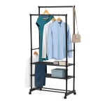 Stojan na šaty dvouramenný se třemi policemi, černá barva, kov / plast, chrom