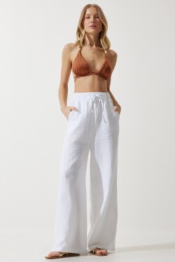 Happiness İstanbul Women's White Muslin Palazzo Pants