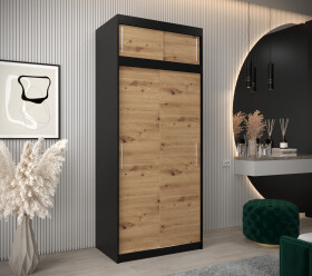 Šatní skříň Abi T0 s nástavcem Barva korpusu: Černá, Rozměry: 100 cm, Dveře: Dub artisan