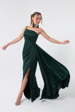 Lafaba Dámské smaragdově zelené saténové večerní šaty na jedno rameno a promoční šaty