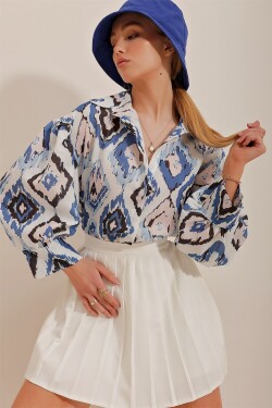 Trend Alaçatı Stili Women's Indigo Princess Ethnic Patterned Flamed Linen Woven Shirt