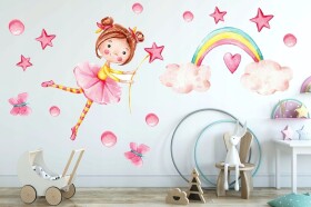 DumDekorace Roztomilá dětská barevná nálepka na zeď holčička s duhou 100 x 200 cm