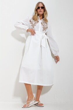 Trend Alaçatı Stili Women's White Judge Collar Front Embroidered Balloon Sleeve Belt Lined Woven Dress