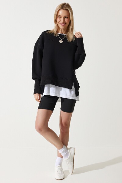 Happiness İstanbul Woman's Black Slit Detailed Raised Knitted Sweatshirt