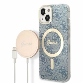 Pouzdro Guess 4G MagSafe Kompatibilní Zadní + Bezdrátová Nabíječka iPhone 14 modré