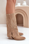 Semišové Kozačky Do Poloviny Lýtka S Otočeným Svrškem Na Podpatku Béžové Zazoo 3487 38