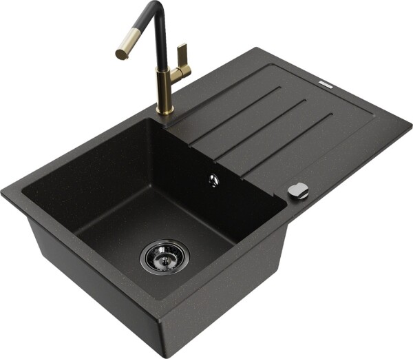 MEXEN/S - Bruno granitový dřez 1 s odkapávačem včetně baterie Flora, černá/zlatá metalik 6513-75-670401-57-B