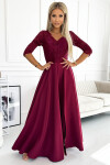 309-9 AMBER elegantní dlouhé maxi šaty s krajkovým výstřihem - Bordeaux XL