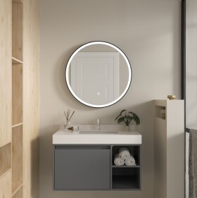 Erga Olivia, kulaté LED zrcadlo 70cm, černý kovový rám, 1610 lm, 6500K, přední osvětlení, ERG-V01-202-7070-BK