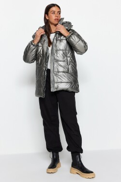 Trendyol Silver Oversized lesklý vodoodpudivý nafukovací kabát kapucí