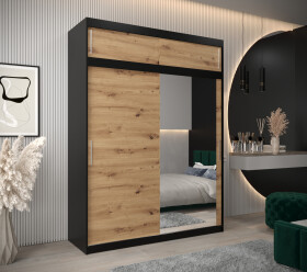 Šatní skříň Abi T2 s nástavcem Barva korpusu: Černá, Rozměry: 180 cm, Dveře: Dub artisan