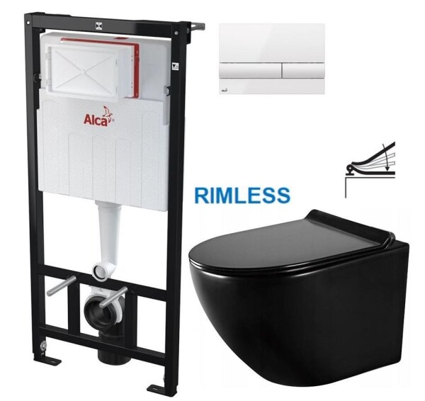 ALCA Předstěnový instalační systém s bílým tlačítkem M1710 + WC MEXEN LENA ČERNÁ Rimless + SEDÁTKO AM101/1120 M1710 ME01