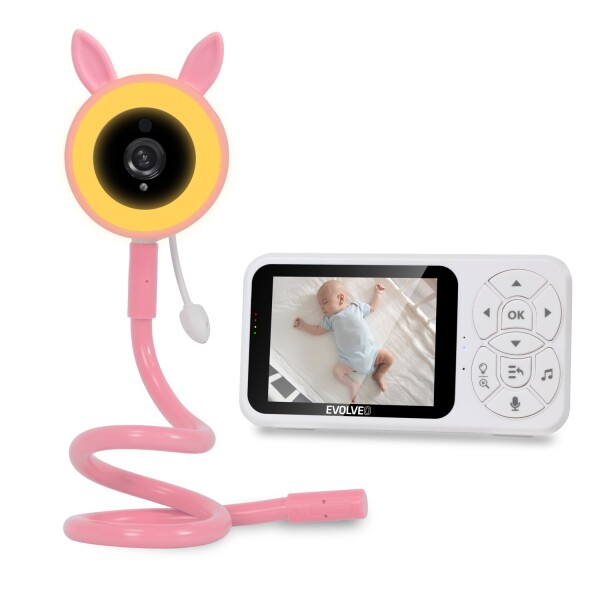 EVOLVEO Baby Monitor N35 – dětská chůvička s kamerou, VOX, teploměr, noční vidění, RGB světlo Růžová