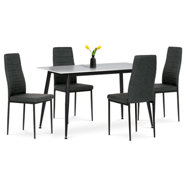 Jídelní set 1+4, stůl 130x70, deska slinutý kámen v imitaci bílého matného mramoru, židle zelená látka, černý lak