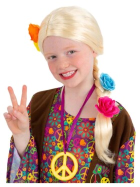 Dětská blond hippie paruka s copem a květy