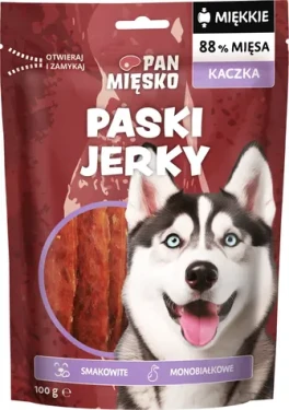 Pan Mięsko Jerky Kachní 100 g / Sušené masové pamlsky pro psy / Monoprotein / Bez obilovin (5905342299004)