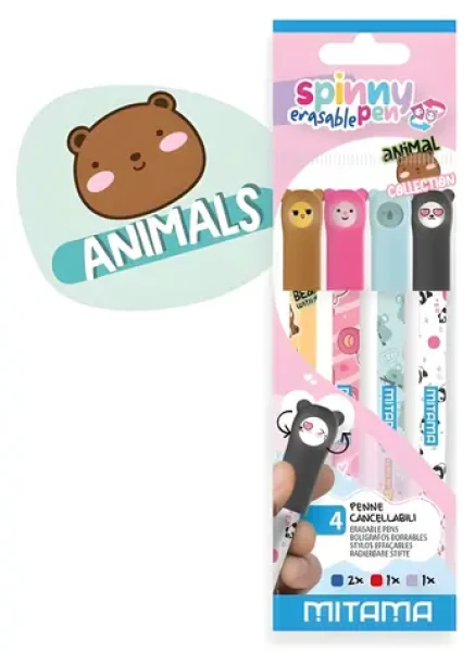 Mitama Spinny Pen Animal / Roller / vymazatelný / hrot 0,7 mm / sada 4 ks (63976)