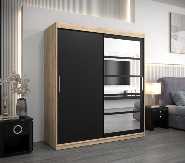 Šatní skříň Abi Ro1 Barva korpusu: Dub Sonoma, Rozměry: 150 cm, Dveře: Černá